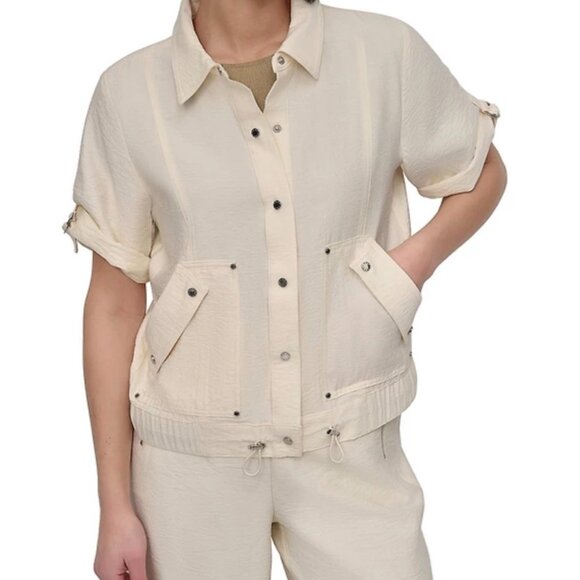 DKNY Utility Jacket Top Coconut Cream Short Sleeve Drawstring Hem NWT M - Picture 2 of 5